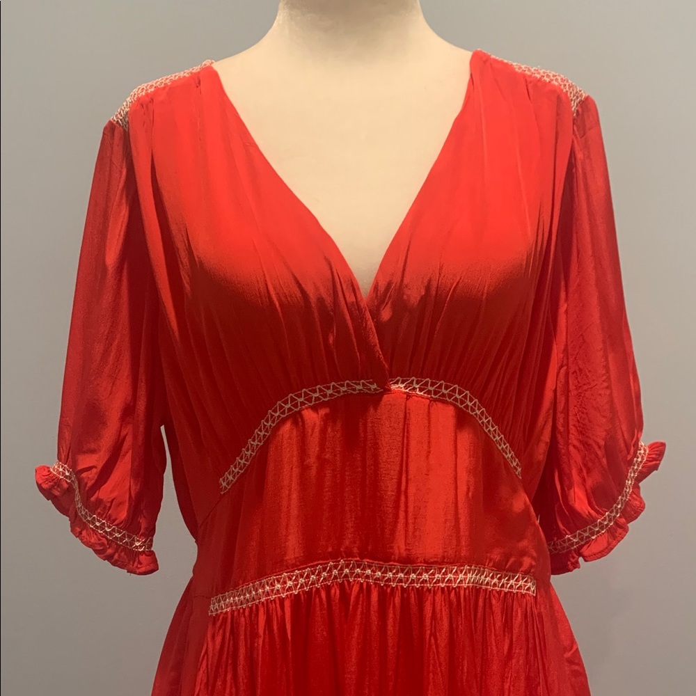 J Crew Smocked Trim Maxi Dress Red Crepe De Chine NWT Sz 6 Tie In Back - Picture 4 of 14
